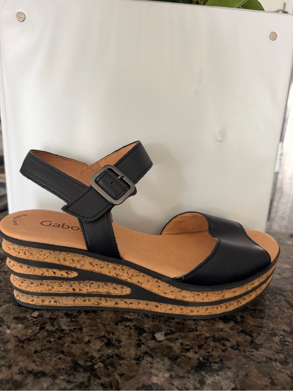 Gabor Black Leather Cork-Striped Wedge Sandal